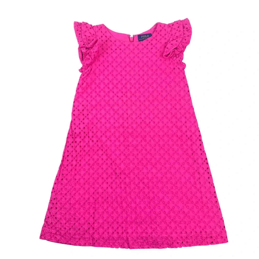 Polo Ralph Lauren Dress Girls 6 Pink Eyelet Ruffle Sleeve‎ Cotton A-Line Summer